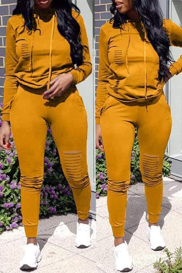 Casual Hooded Collar Broken Holes Pants Set - VogueRegion