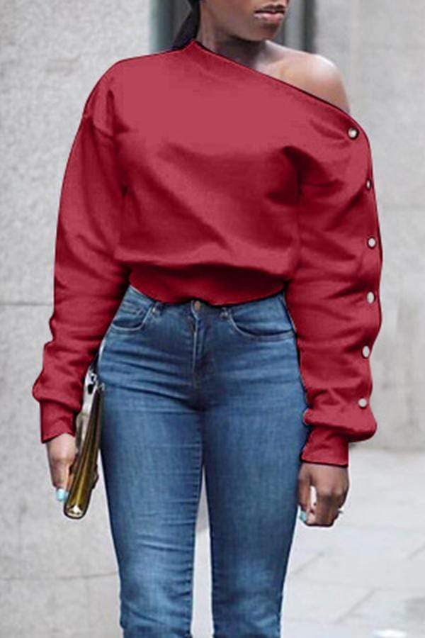 Trendy oblique shoulder Button sweatshirt