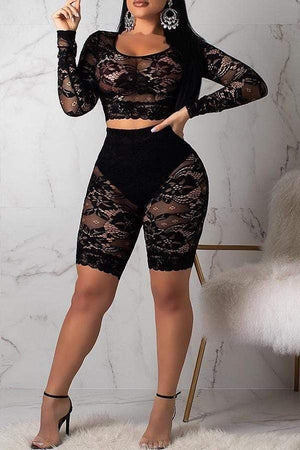 Trendy See-through Lace Shorts Set(Without Underpants ) - VogueRegion
