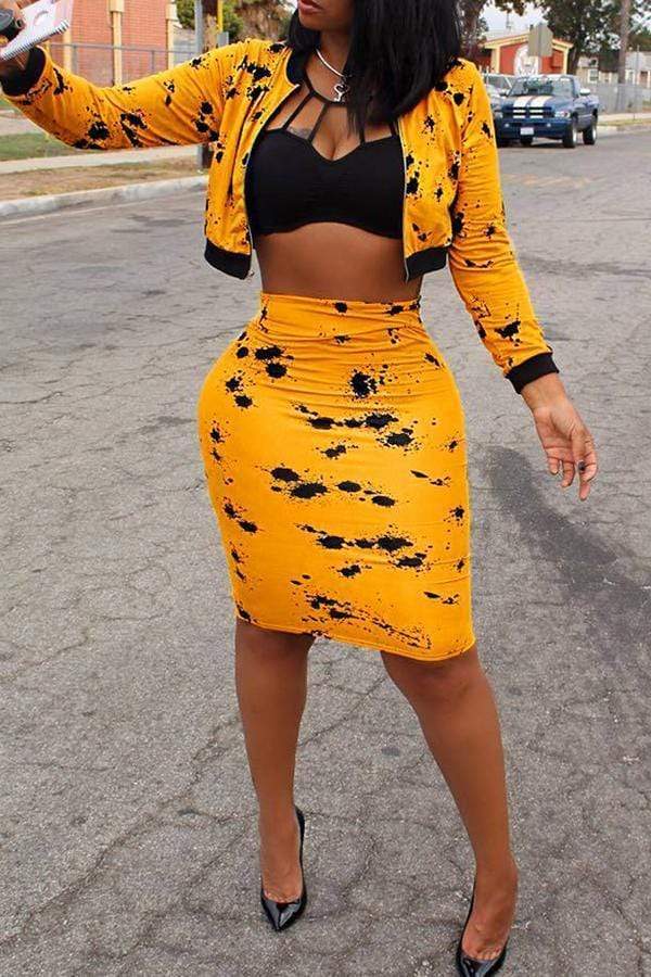 Casual  Printed Yellow Skirt Set - VogueRegion