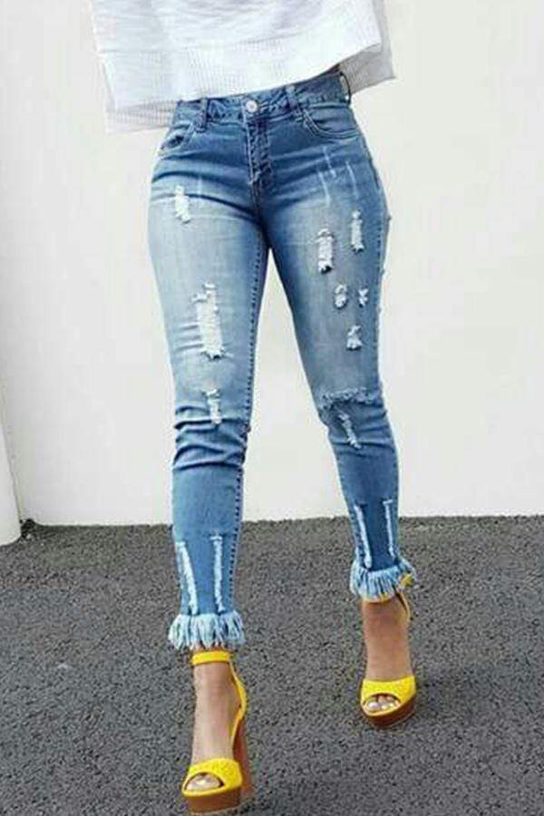VogueRegion Casual Tassel Design Denim Jeans - VogueRegion