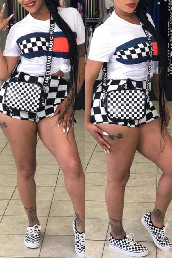 Casual Plaid Printed White Shorts Set - VogueRegion