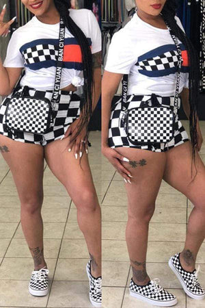 Casual Plaid Printed White Shorts Set - VogueRegion
