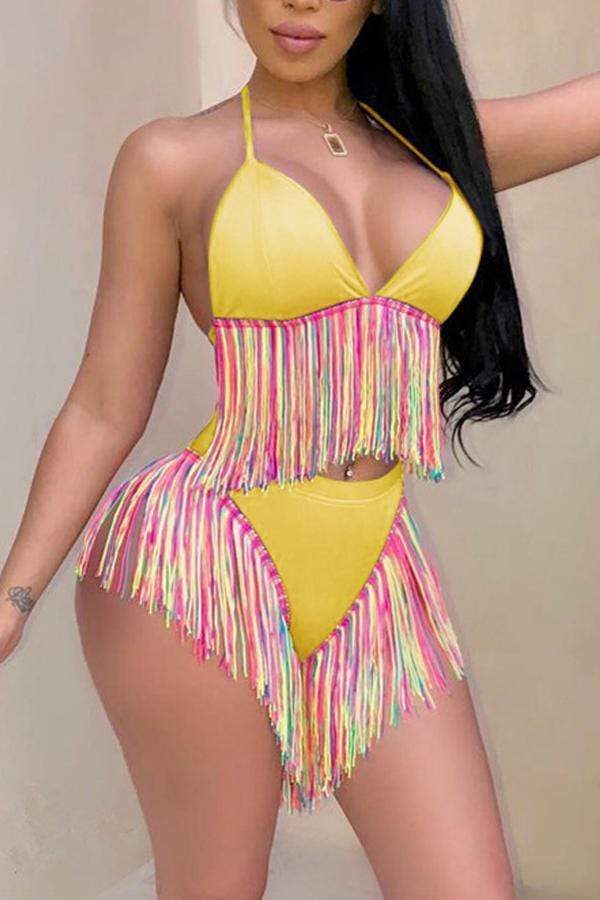 Patchwork Tassel Fringed Two-piece Swimwear