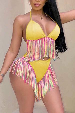Patchwork Tassel Fringed Two-piece Swimwear