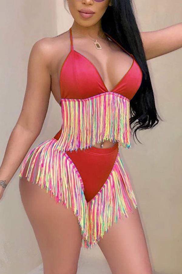 Patchwork Tassel Fringed Two-piece Swimwear