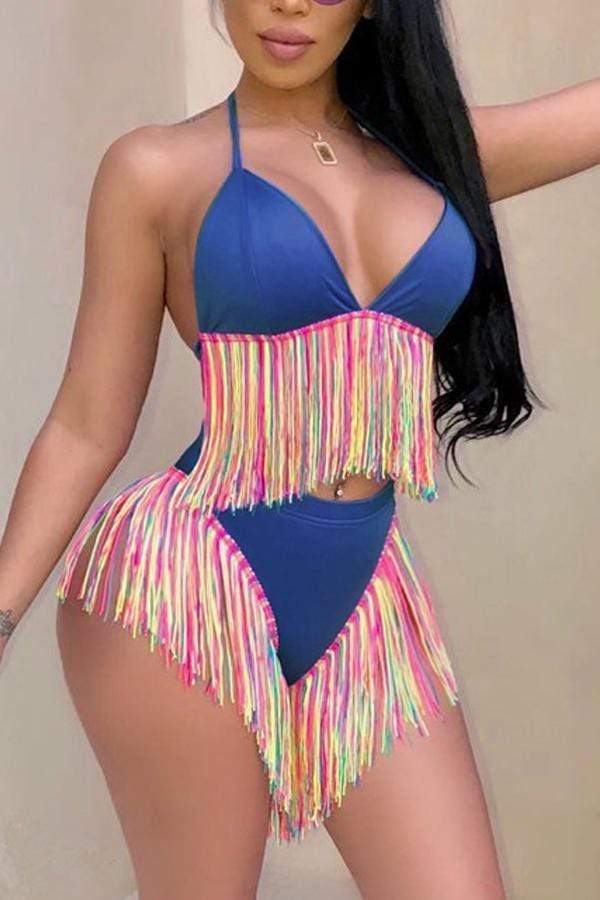 Patchwork Tassel Fringed Two-piece Swimwear