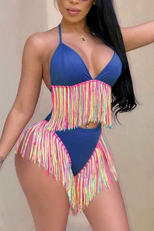 Patchwork Tassel Fringed Two-piece Swimwear