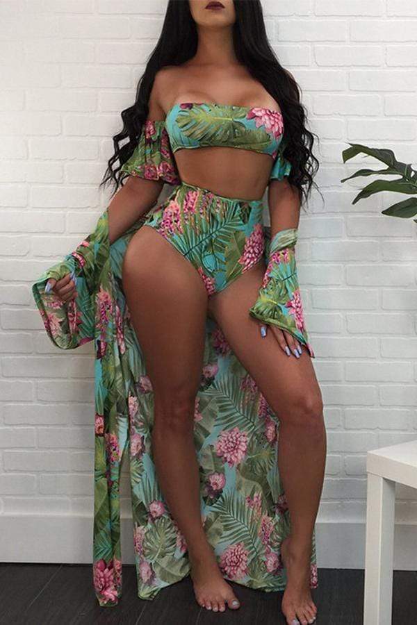 Sexy Floral Print Green Two-piece Swimsuit(Without Cover-Ups)