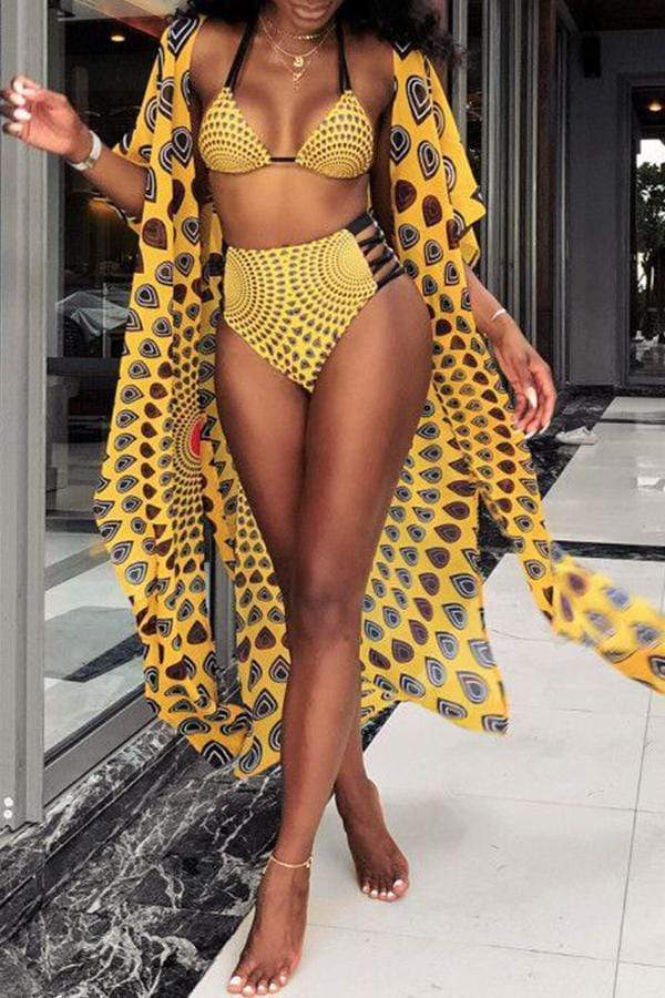 Secy Hollowed-out Two-piece Swimwear(With Cover-up)