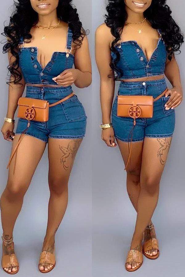 Buttons Design Denim Shorts Set - VogueRegion