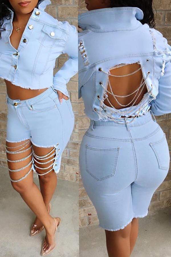 VogueRegion Casual Hollow-out Blue Jeans - VogueRegion