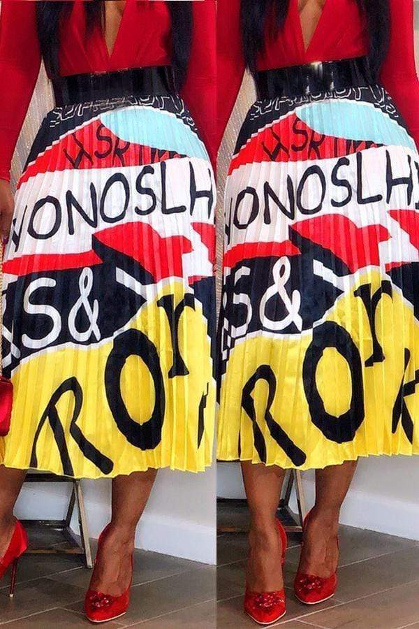 VogueRegion Bohemian Letter Printed Ankle Length A Line Skirt - VogueRegion