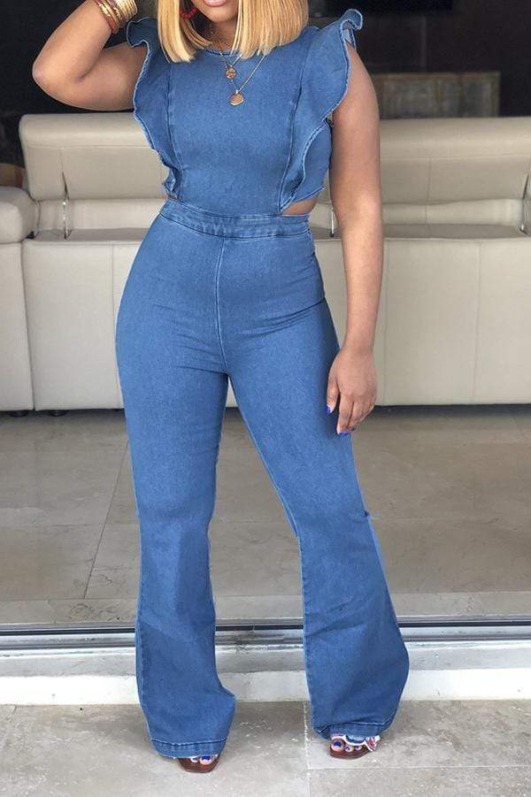 VogueRegion Trendy Ruffle Design Denim One-piece Jumpsuit
