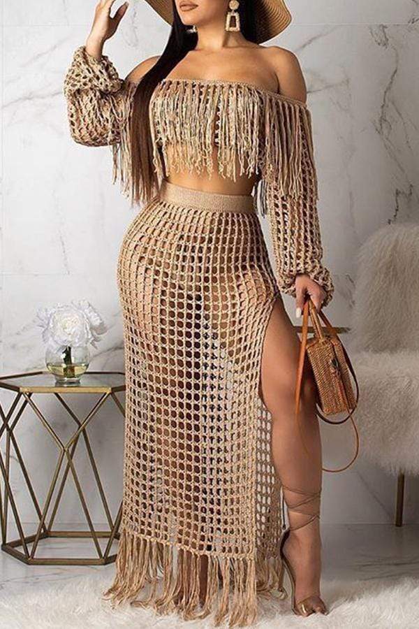 Hollow-out Tassel Design Skirt Set(Cover-up) - VogueRegion