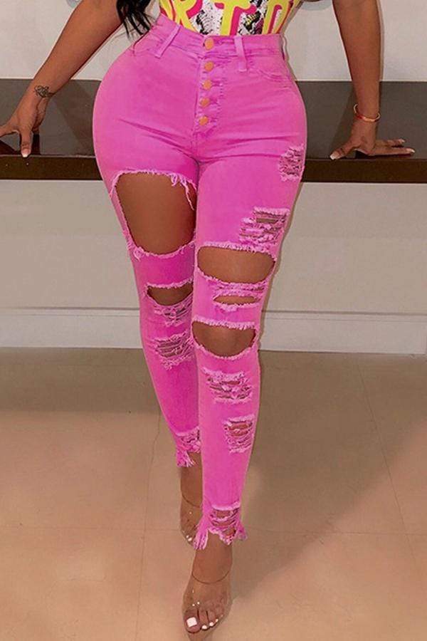 VogueRegion Casual High Waist Broken Holes Jeans - VogueRegion