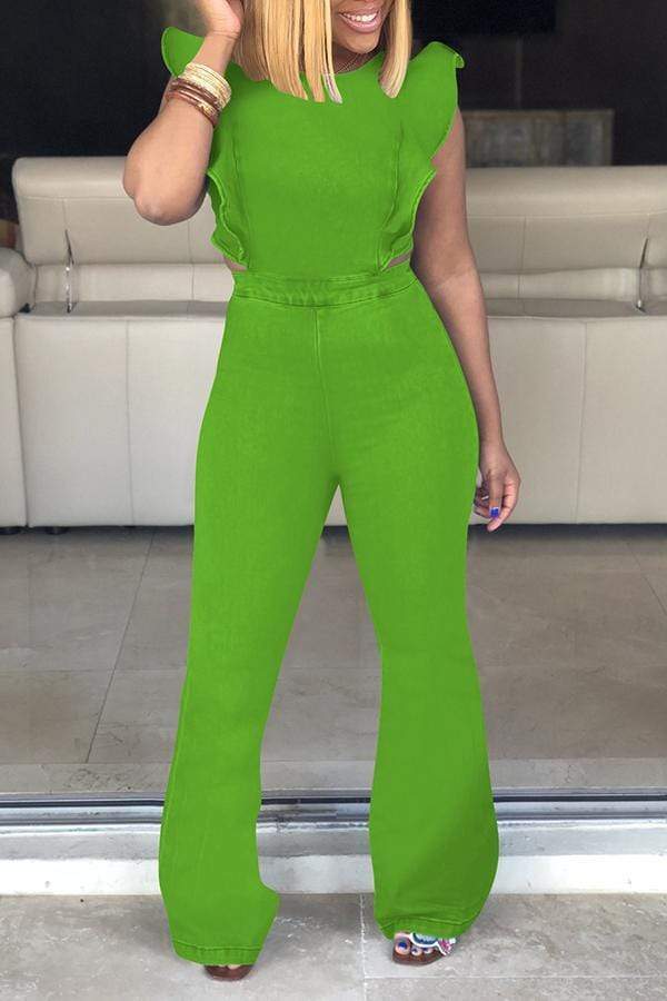 VogueRegion Trendy Ruffle Design Denim One-piece Jumpsuit
