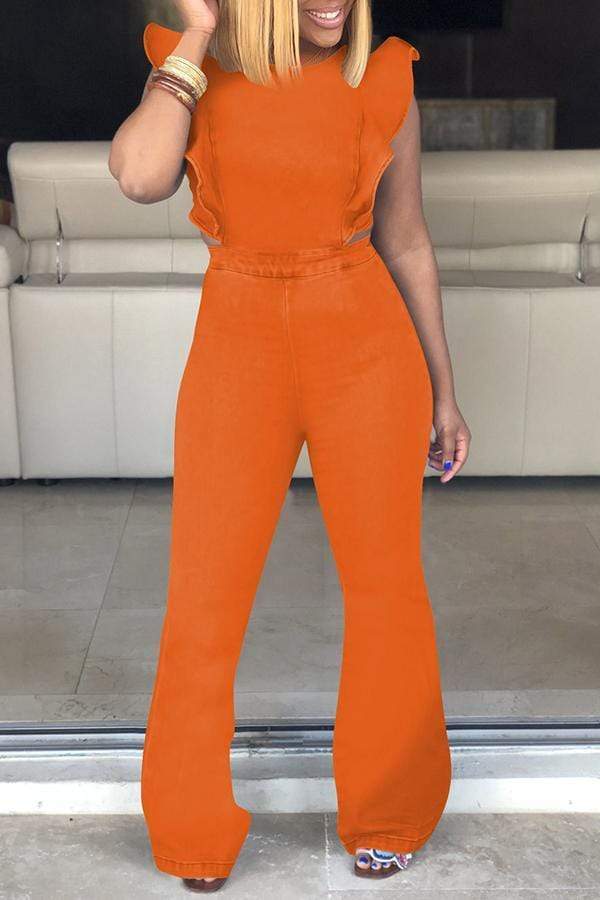 VogueRegion Trendy Ruffle Design Denim One-piece Jumpsuit