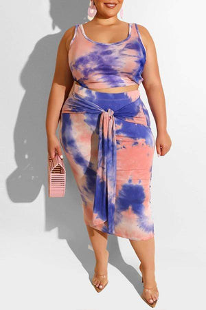 Casual Tie-dye Plus Size Skirt Set