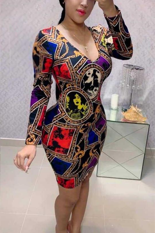 Fashion Sexy Long-Sleeved V-Neck Print Dress