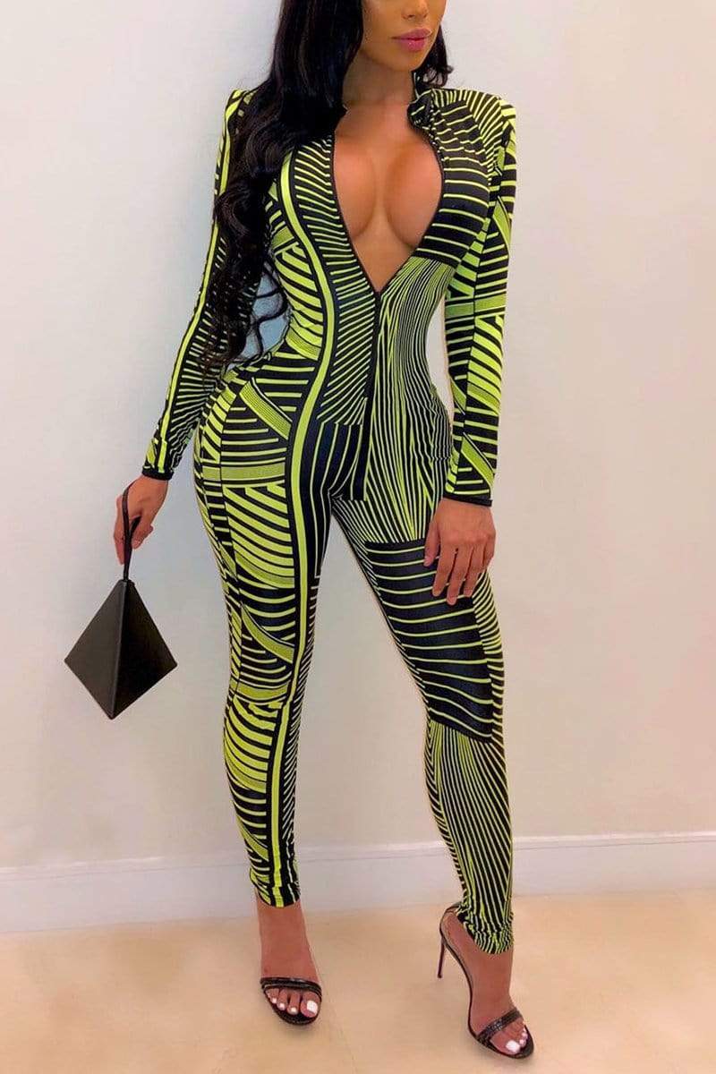 Fashion Striped Printing Zipper Jumpsuit