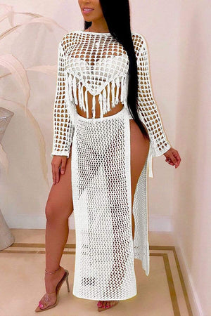 Sexy Perspective Openwork Fringed Skirt Set