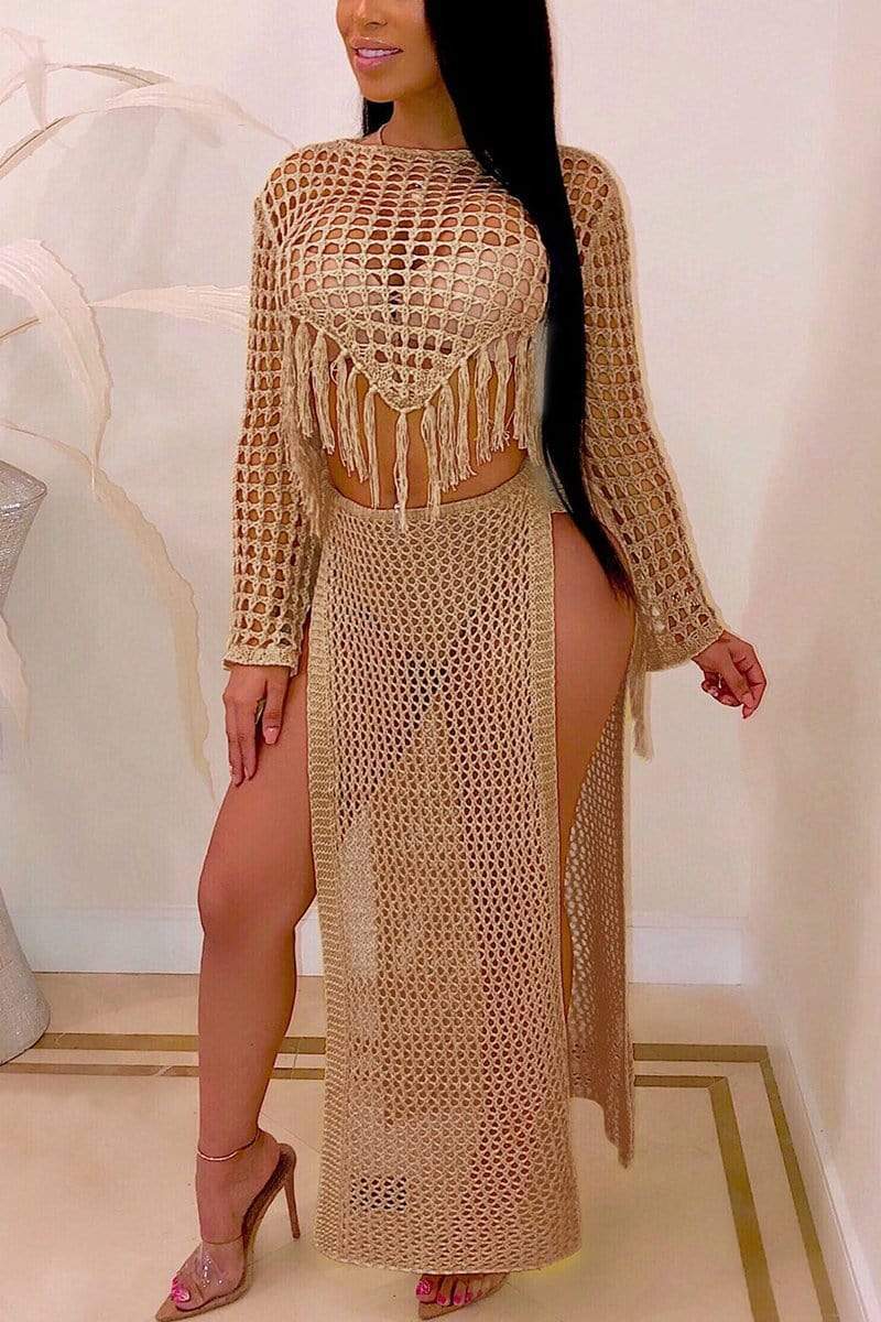 Sexy Perspective Openwork Fringed Skirt Set