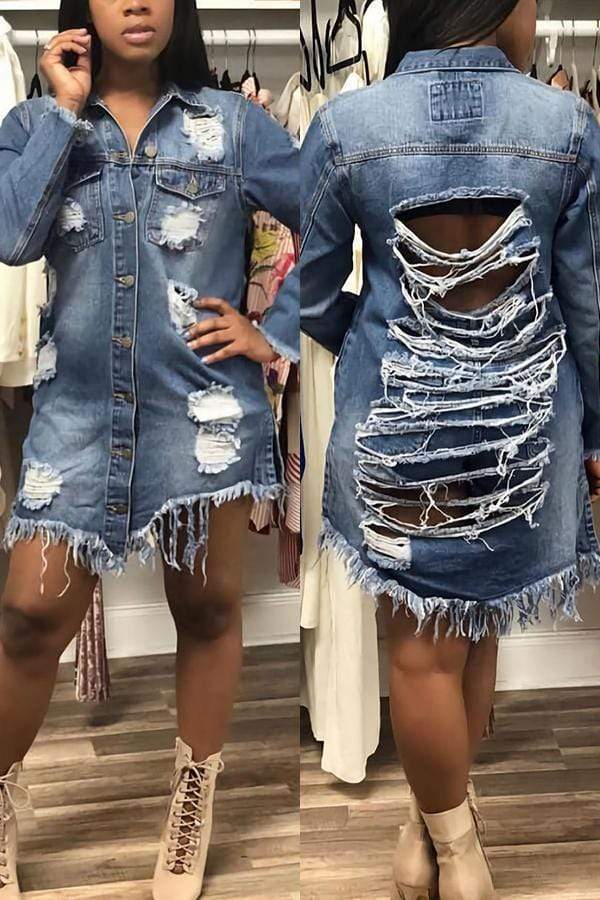 Ripped Medium Length Denim Jacket