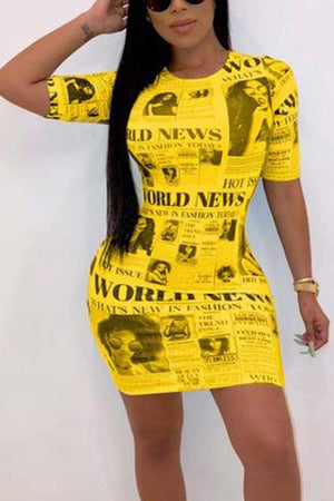 Fashion Newspaper Print Short Sleeve  Dress