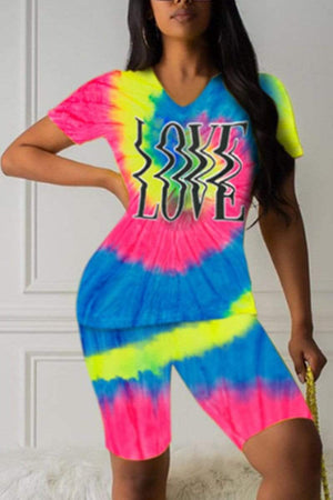 Fashion V-neck Tie-Dyed Positioning Print Two-Pieces