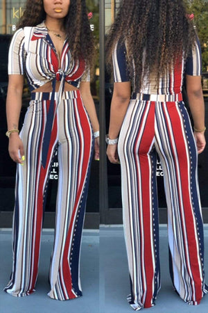 Casual Print Stripe Strap Pants Set - VogueRegion