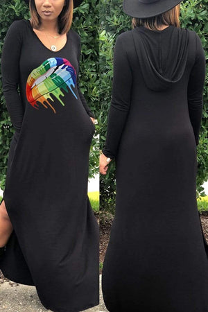 Fashion Rainbow Lips Offset Split Dress