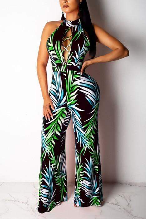 Sexy Hanging Neck Print Wide Leg Jumpsuit