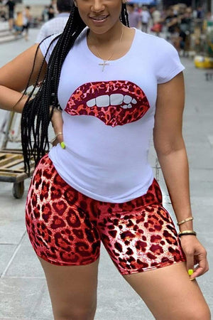 Casual Lips Print Leopard Two-Pieces Set