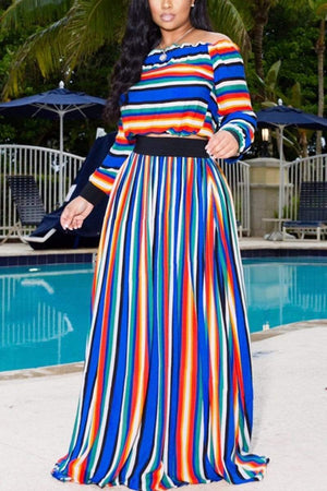 Fashion Casual Striped Printing Skirts Set - VogueRegion