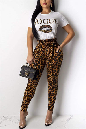 Casual Lip Letter Leopard Print Two-Pieces