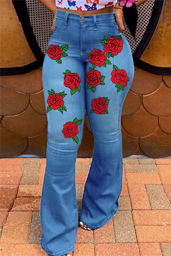 Fashion Casual Flower Print Basic High Waist Jeans