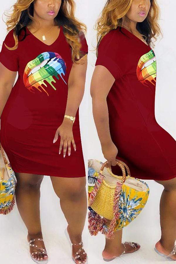 Fashion Cute V-Neck Rainbow Lips Dress