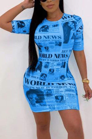 Fashion Newspaper Print Short Sleeve  Dress