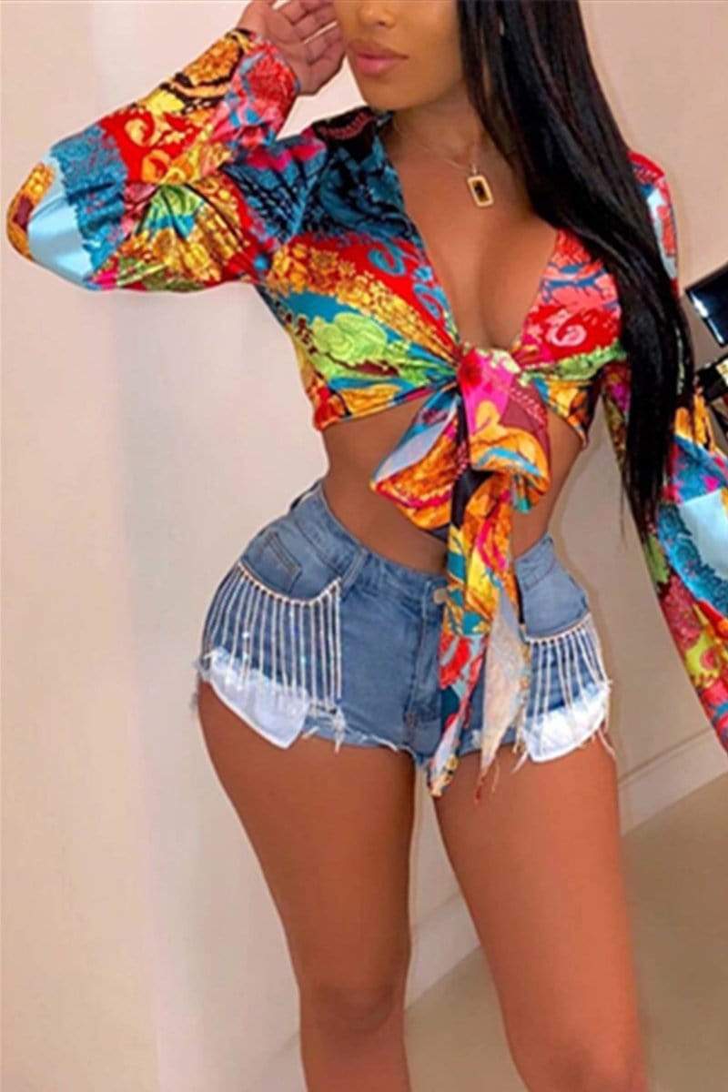 Fashion Print Bandage Long-Sleeved Top