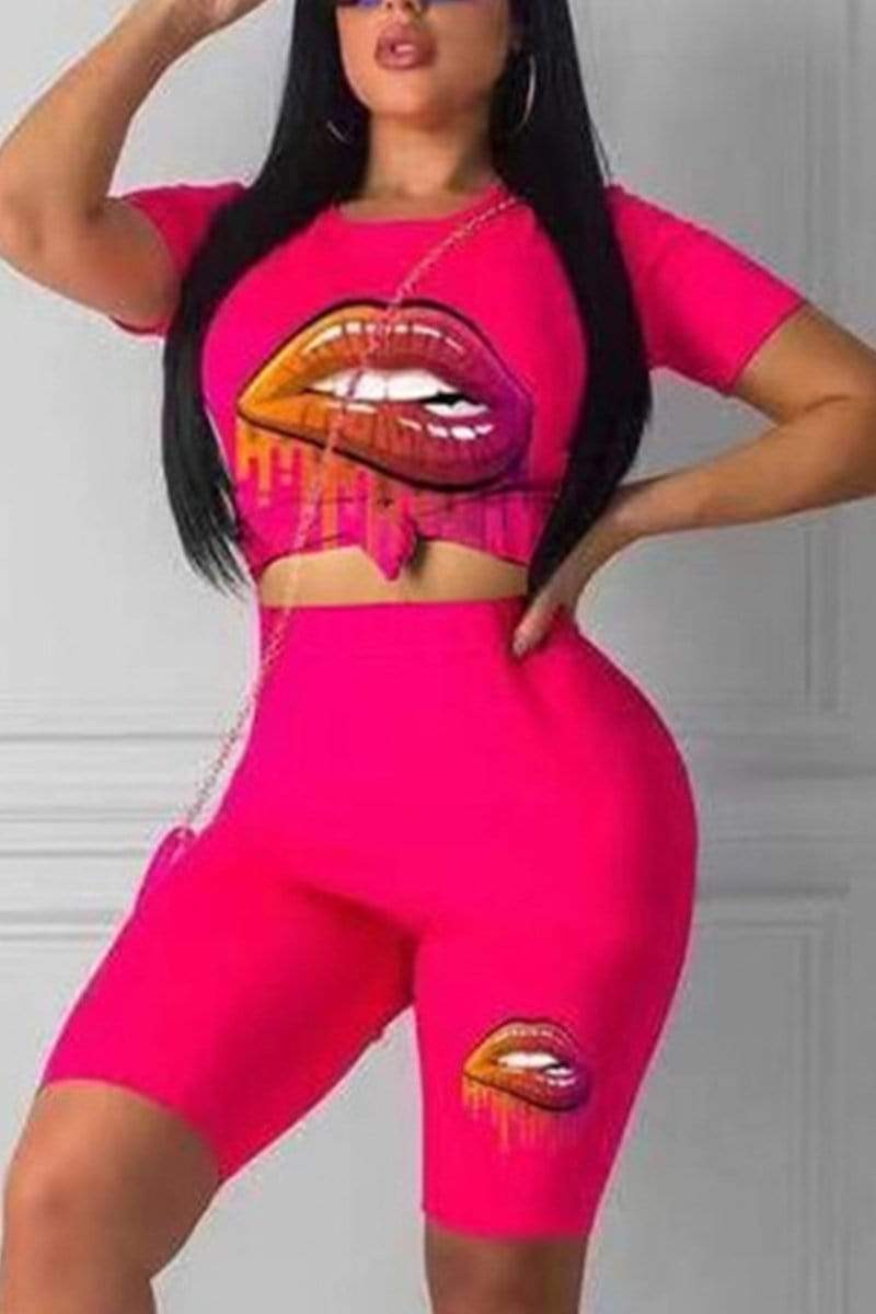 Fashion Casual Lips Print Sports Two-Pieces