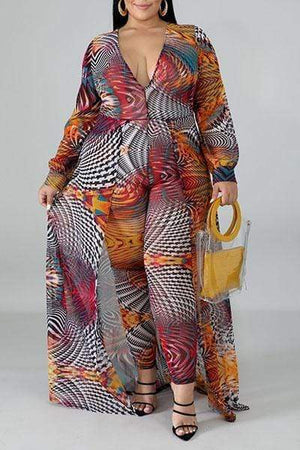 Plus Size Colorful Deep V-neck Jumpsuits