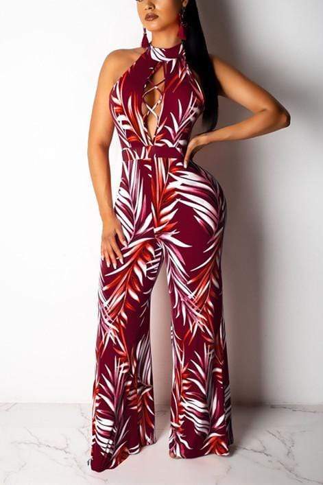 Sexy Hanging Neck Print Wide Leg Jumpsuit