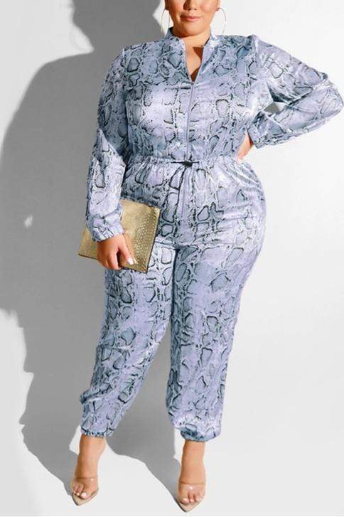 Fashion Leopard Large Size Blue Jumpsuit