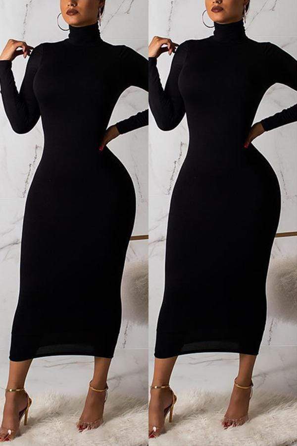Fashion High Neck Long Sleeve Dress - VogueRegion