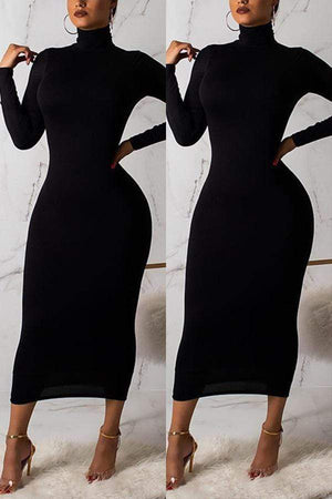 Fashion High Neck Long Sleeve Dress - VogueRegion