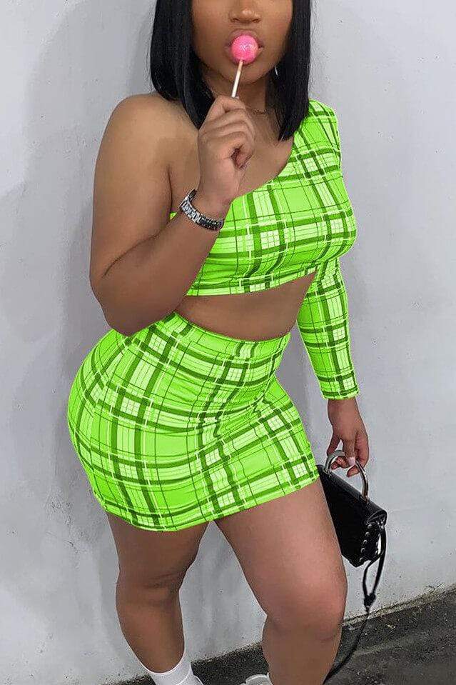 Fashion Unilateral Plaid Two-Piece Set