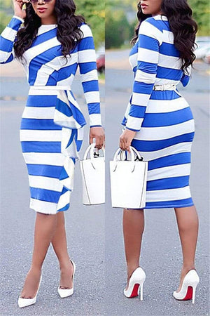 Fashion Stripe Print Long-Sleeved Ruffle Dress