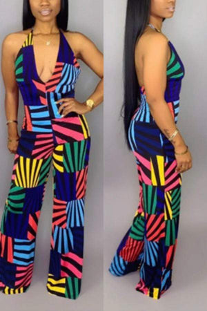 Fashion Sexy Line Print  Halter Jumpsuit