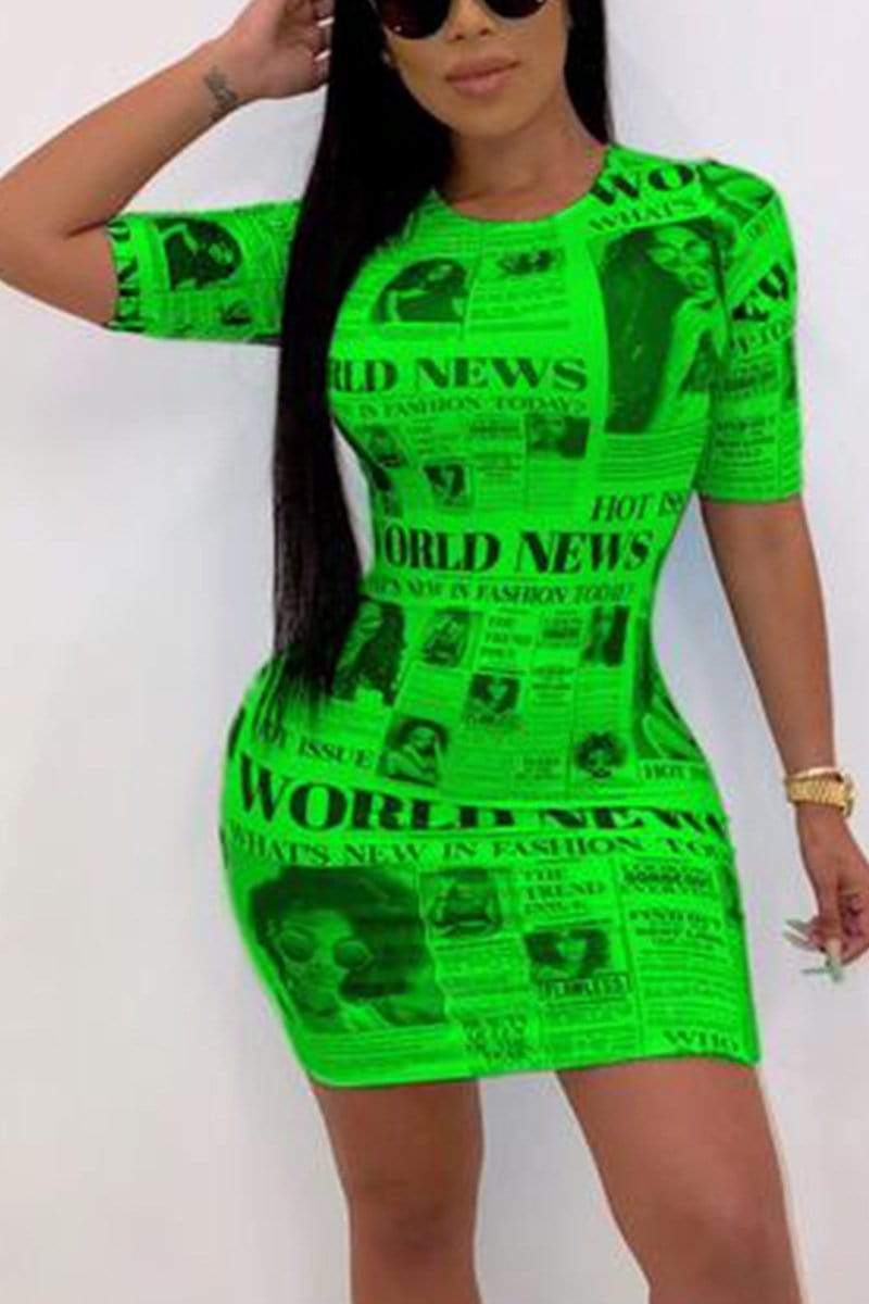 Fashion Newspaper Print Short Sleeve  Dress